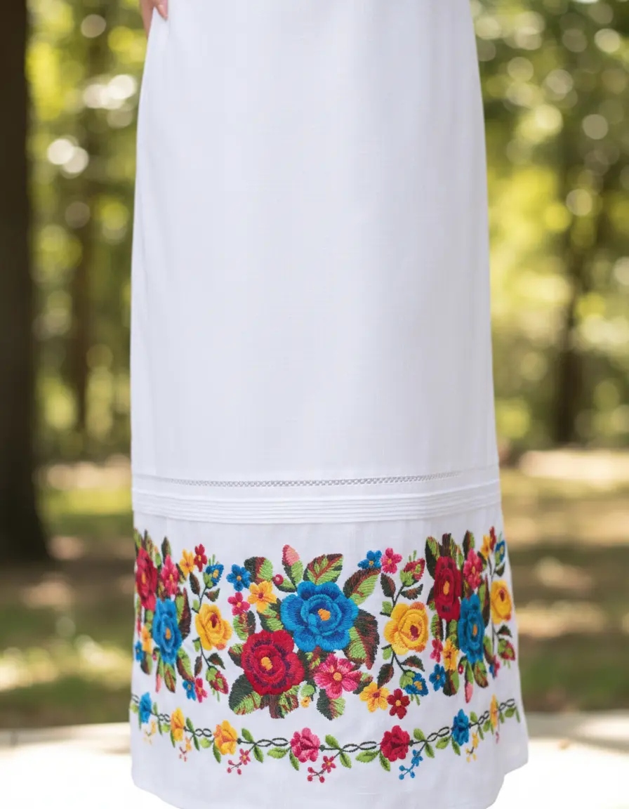 Vestido Yucateco Bordado Largo Blanco Modelo Conchi. Mayakim - Imagen 2