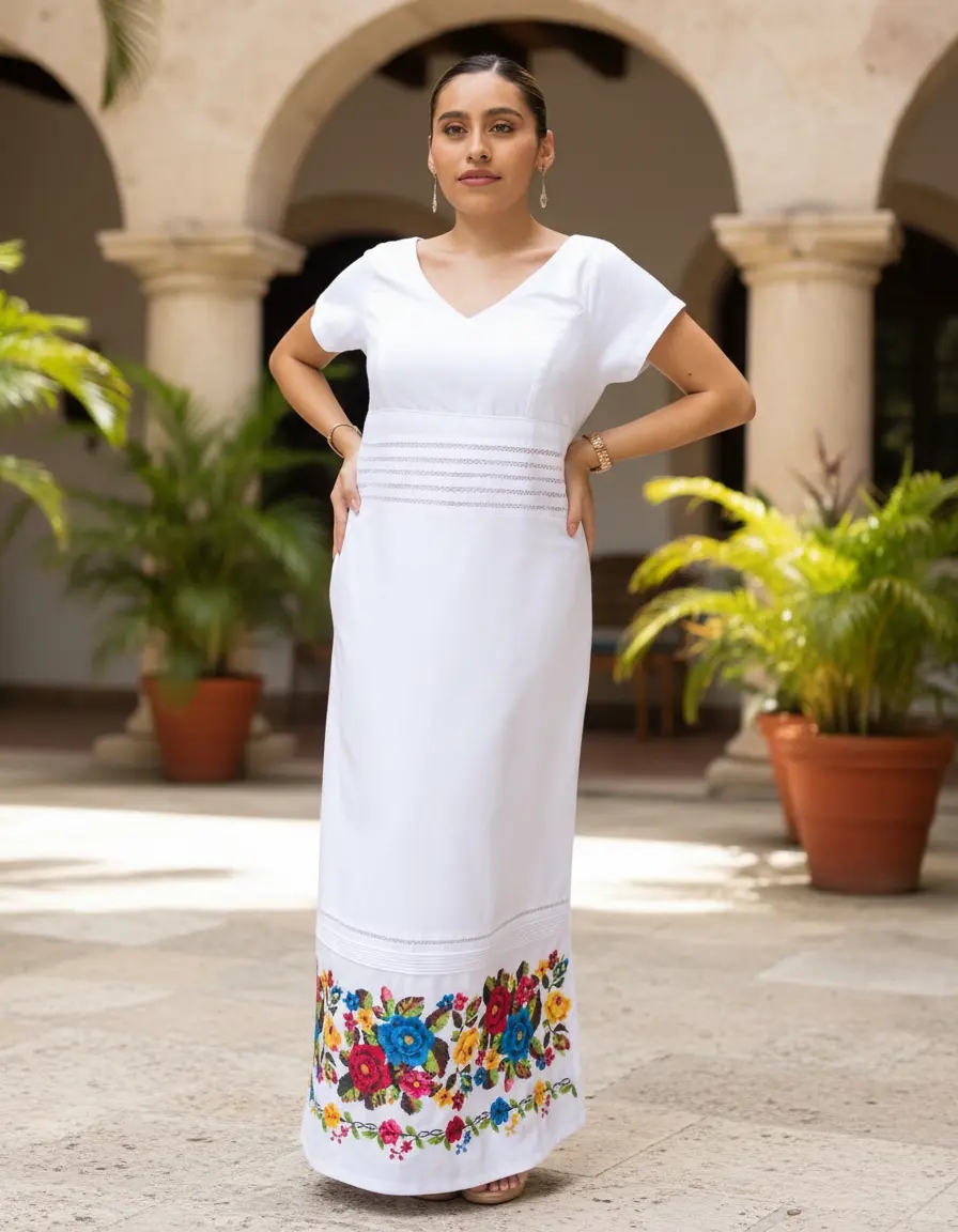 Vestido Yucateco Bordado Largo Blanco Modelo Conchi. Mayakim - Imagen 6
