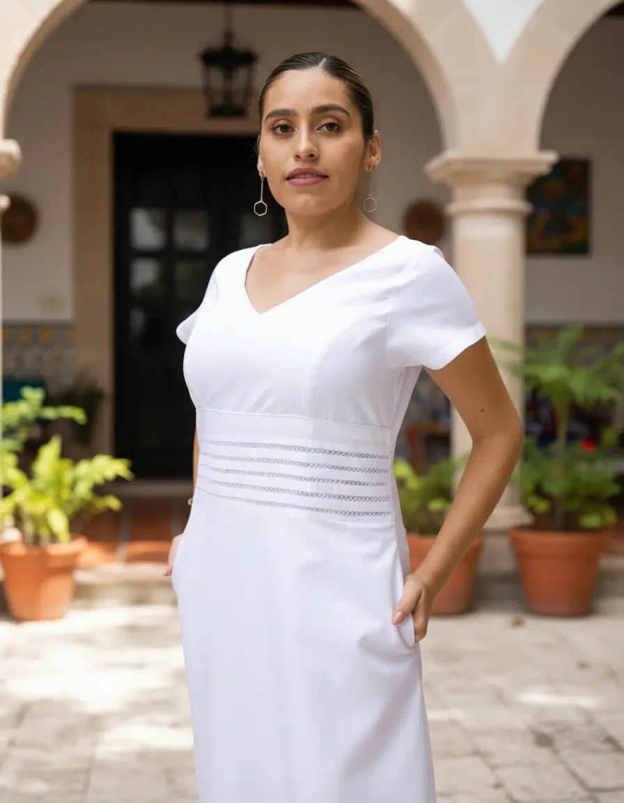 Vestido Yucateco Bordado Largo Blanco Modelo Conchi. Mayakim - Imagen 4