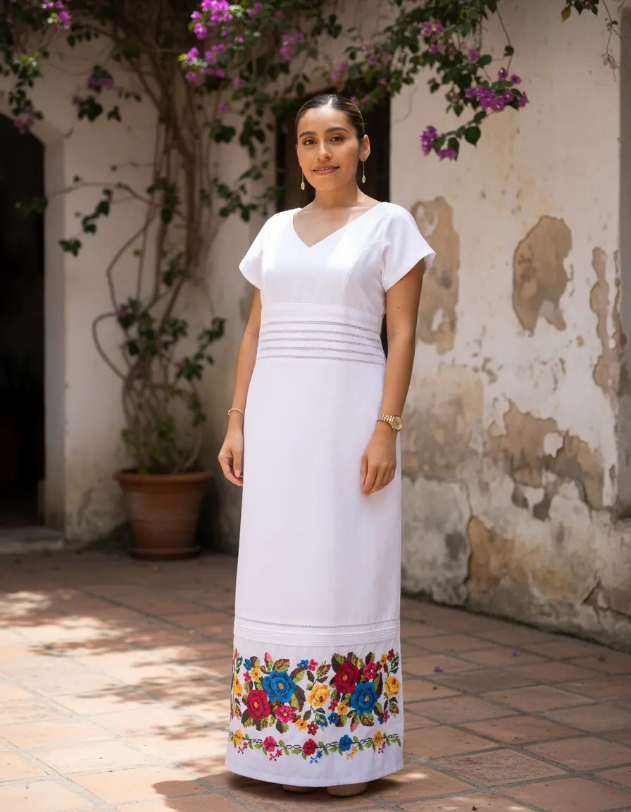 Vestido Yucateco Bordado Largo Blanco Modelo Conchi. Mayakim