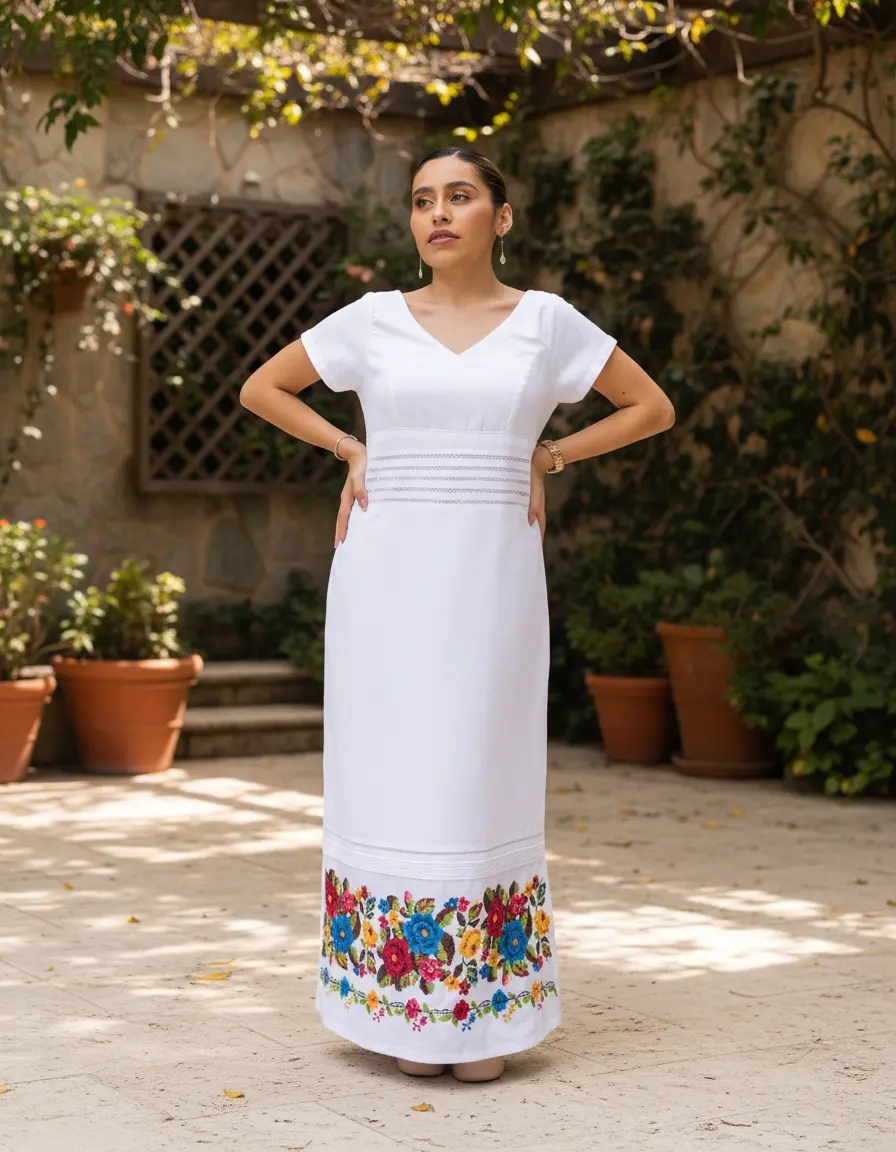 Vestido Yucateco Bordado Largo Blanco Modelo Conchi. Mayakim - Imagen 5